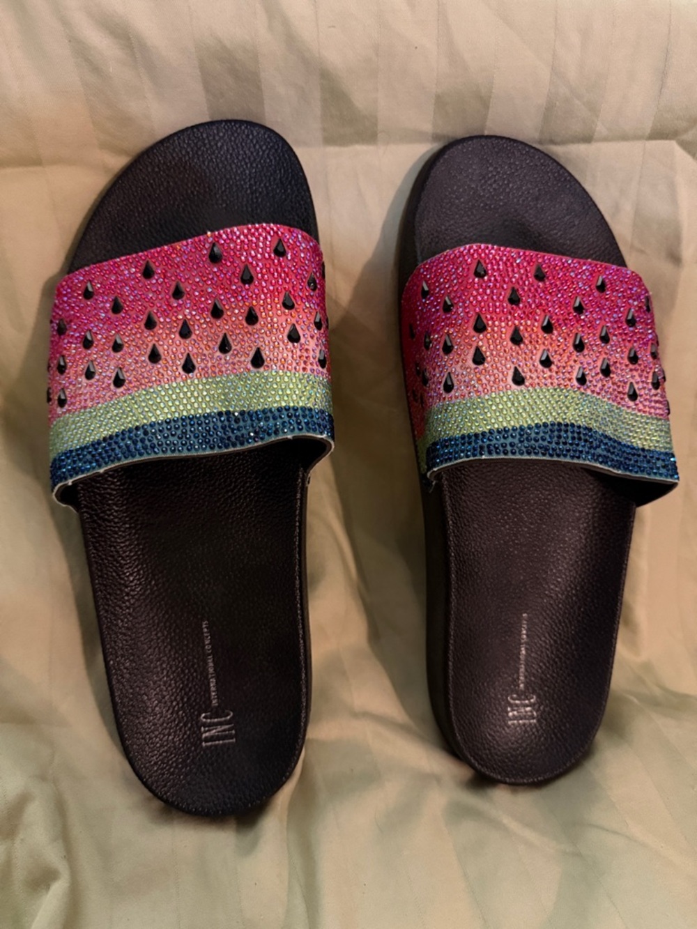 INC International Concepts Pink, Green & Blue Crystal Slide Sandals